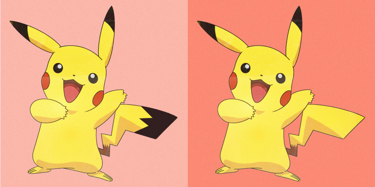 Two images of Pikachu, in the left image his tail has a brown tip.
