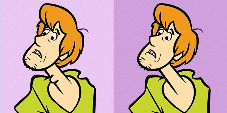 Two images of Shaggy from Scooby Doo. On the left, he has a large protruding Adam's apple.
