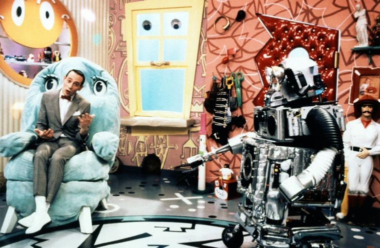 PEE-WEE's PLAYHOUSE, (from left): Chairry, Paul Reubens (as Pee-wee Herman), Mr. Window, Conky 2000.