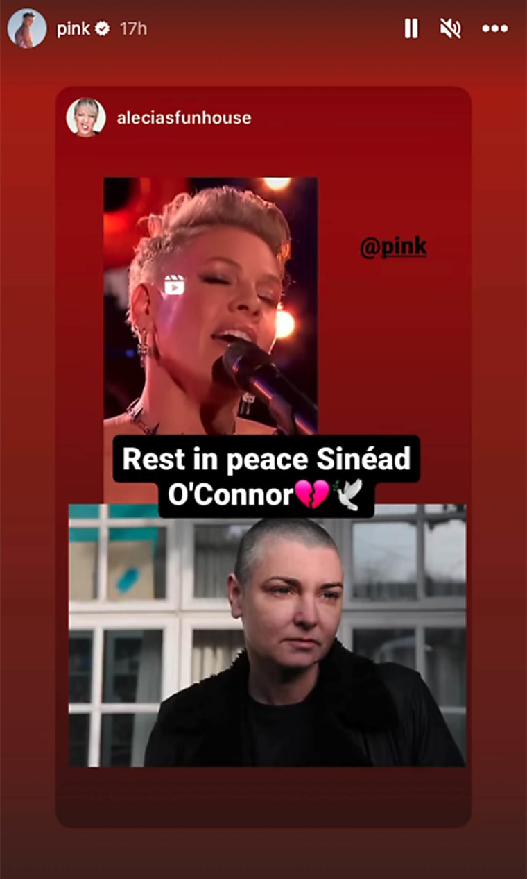 Pink wrote "Rest in Peace Sinéad O'Connor" on her Instagram story shortly after news broke of the singer's death. 