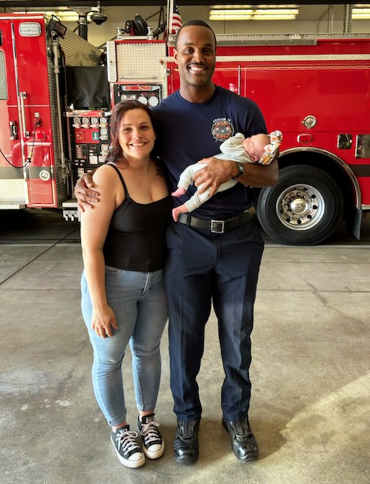Will Parker of the Vacaville Fire Department in California and Shyanna Markham with her daughter Harper.