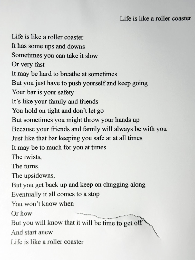 A photo of the poem Alex Schachter was working on when he was shot and killed inside his classroom, ripped by a bullet.