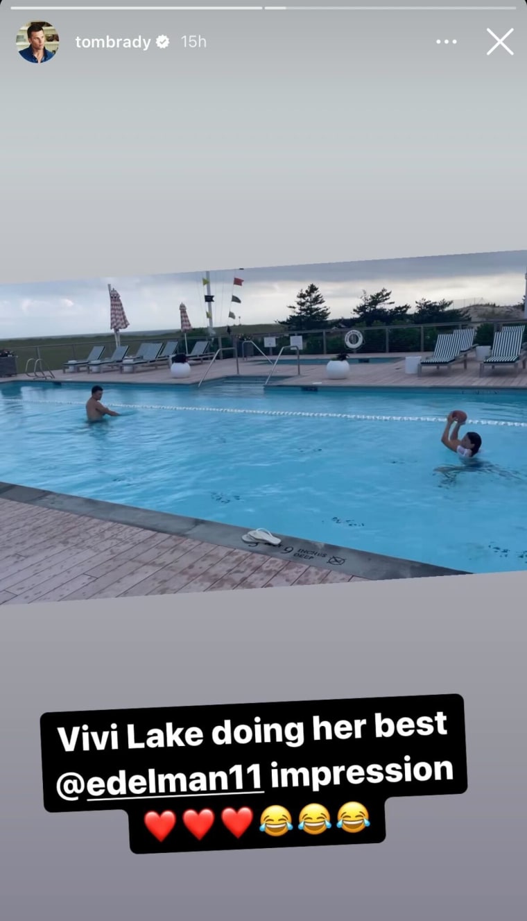 Tom Brady and daughter Vivian seem to be having the best time passing a football back and fourth across a long pool.