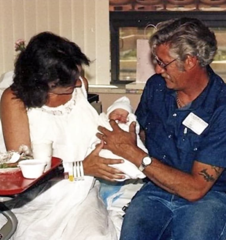 Rikki Jump as a newborn with her mother, Kathleen, and her late father, Lee.