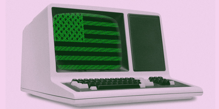 Vintage computer with bitmap USA flag on the screen