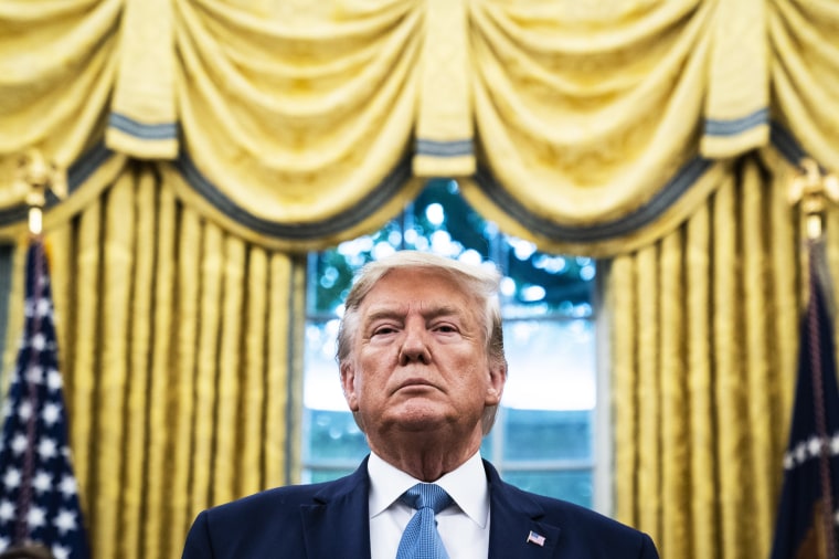 President Donald J. Trump listens during a ceremony to award the Presidential Medal of Freedom to Edwin Meese III in the Oval Office at the White House on Tuesday, Oct 08, 2019 in Washington, DC.