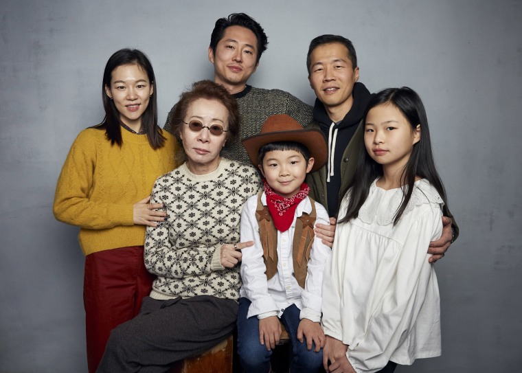 Image: Han Yeri, back row from left, Steven Yeun, director Lee Isaac Chung, and foreground from left, Yuh Jung Youn, Alan Kim, and Noel Cho pose for a portrait to promote the film \"Minari\" during the Sundance Film Festival