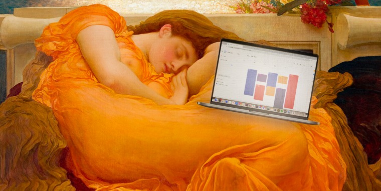 Photo Illustration: "Flaming June" by Frederic Lord Leighton photoshopped to include a laptop with a busy Google calendar