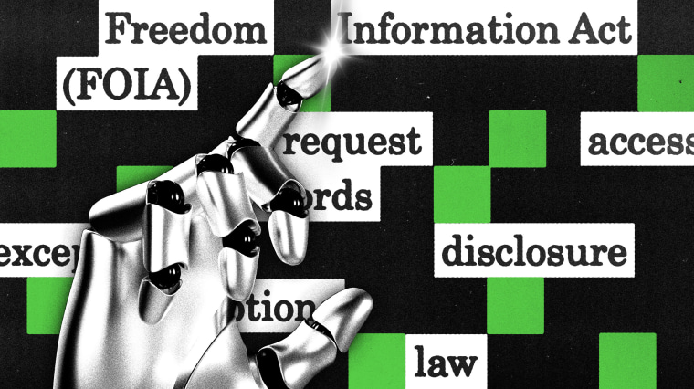 Illustration of a robotic hand touching paper strips of text reading "Freedom of Information Act (FOIA)," "request," "access," "disclosure," etc.