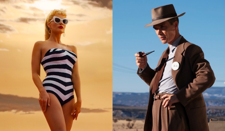 Margot Robbie in "Barbie" and Cillian Murphy in a scene from "Oppenheimer". 