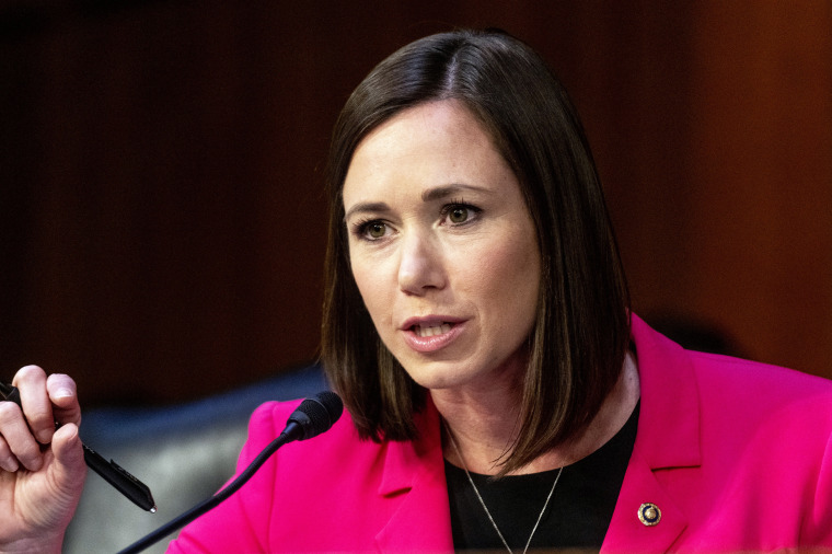 Sen. Katie Britt speaks during a Senate Banking Committee hearing at the Capitol