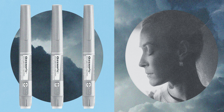 Photo illustration of Ozempic injectables against a stormy, cloudy sky, and a woman in shadow.