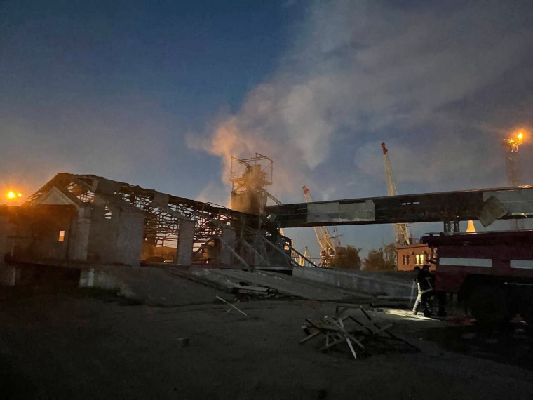 A damaged building at a port in Odesa, Ukraine, after a night drone attack on Aug. 2, 2023. 