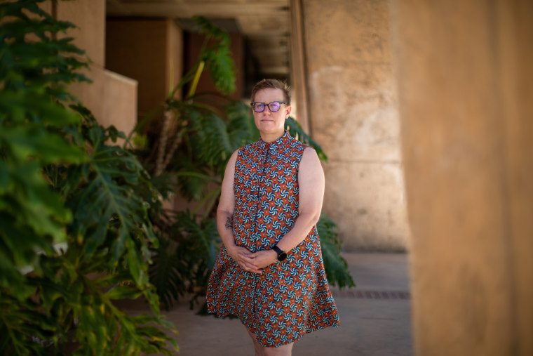 Emily Drabinski, president of the American Library Association, outside the Charles E Young Research Library at the The University of California, Los Angeles in Los Angeles on Aug. 3, 2023.