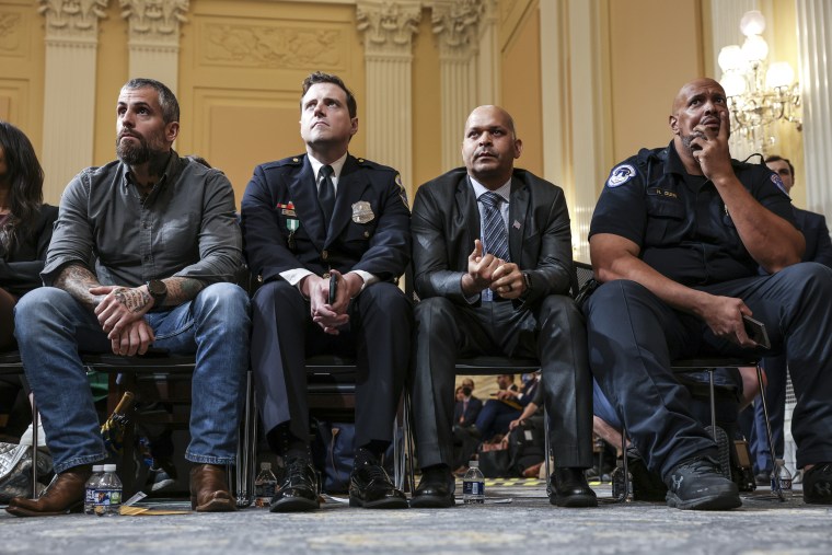 Former DC Metro Police officer Michael Fanone, Metropolitan Police Officer Daniel Hodges, U.S. Capitol Police Sergeant Aquilino Gonell, and U.S. Capitol Police officer Harry Dunn attend a hearing by the House Select Committee to Investigate the Jan. 6th attack, in the Cannon House Office Building on Oct. 13, 2022.