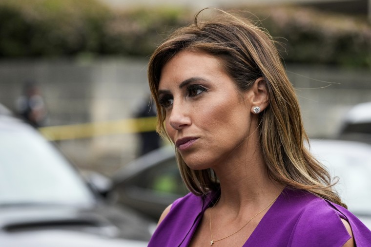 Alina Habba, a lawyer for former President Donald Trump, speaks after Trump arrived at the E. Barrett Prettyman U.S. Federal Courthouse on Aug. 3, 2023, in Washington.