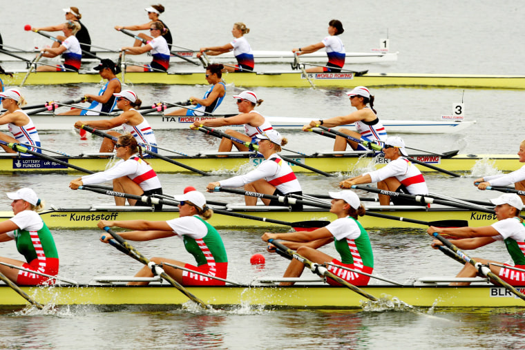 Crews  from New Zealand, Russia, Italy, Great Britain, Germany and Belarus race in the Women's Quadruple Sculls on day four of the World Rowing Championships on August 26, 2009 in Poznan, Poland.