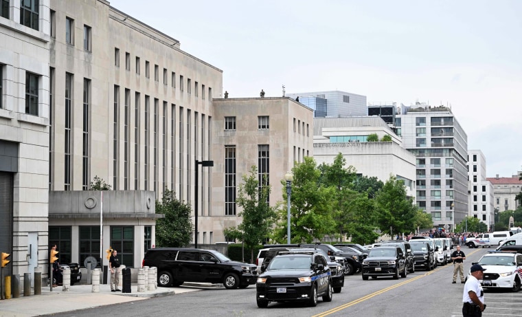 Former President Donald Trump's motorcade leaves the E. Barrett Prettyman Courthouse after his arraignment in Washington on Aug. 3, 2023.