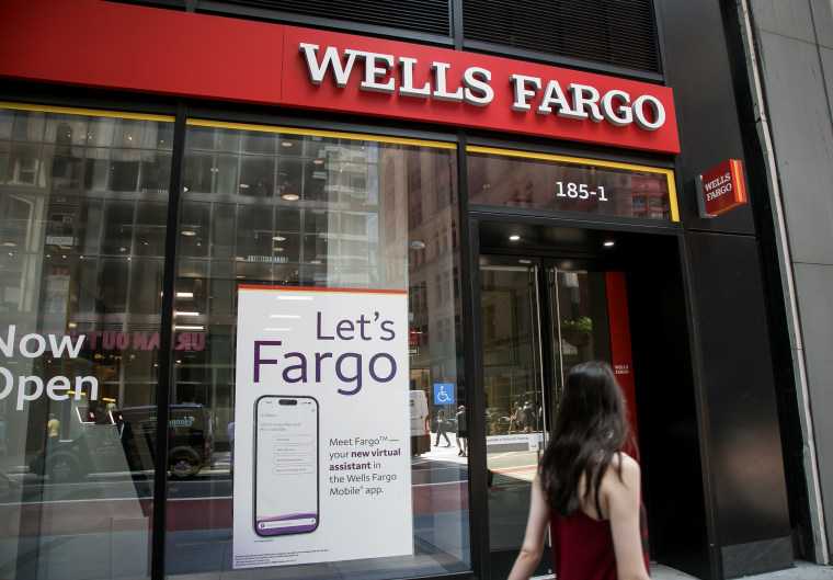 A Wells Fargo bank branch in New York on July 6, 2023. 