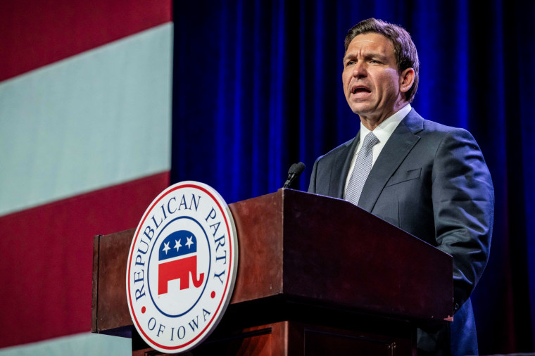 Image: Florida Governor and 2024 Republican Presidential hopeful Ron DeSantis speaks at the Republican Party of Iowa's 2023 Lincoln Dinner in Des Moines, Iowa, on July 28, 2023.