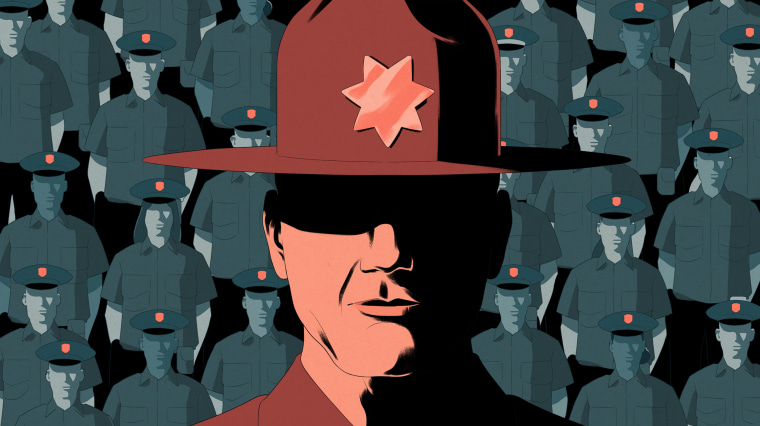 Drawn illustration of a large group of sheriff's deputies standing behind a lead sheriff cast in shadow.