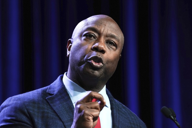Image: Republican presidential candidate Sen. Tim Scott, R-S.C., speaks at the Republican Party of Iowa's 2023 Lincoln Dinner in Des Moines, Iowa, on July 28, 2023.