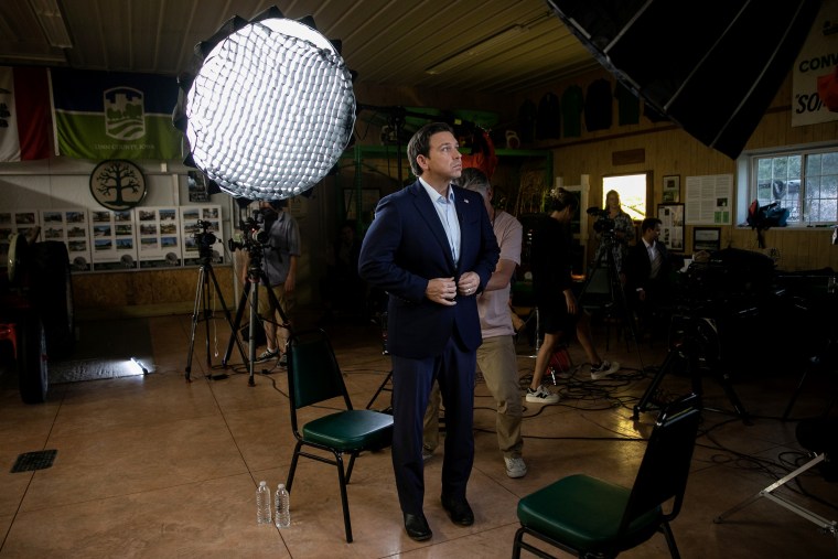 Image: Florida Gov. Ron DeSantis before an interview with NBC News correspondent Dasha Burns in Cedar Rapids, Iowa, on Sunday.