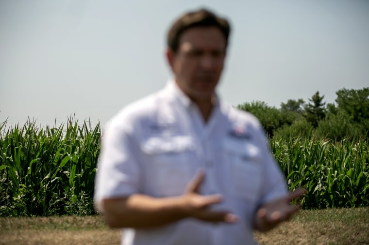 Image: Fla. Gov. Ron DeSantis speaks at a campaign event in Vinton, Iowa, on Aug. 5, 2023.