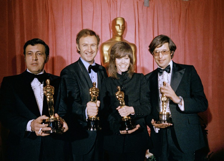 From left; Philip D'Antoni, Gene Hackman, Jane Fonda, and William Friedkin, winner of "best achievement in directing" for "The French Connection," at the Academy Awards in Los Angeles, Calif. on March 27, 1971. 