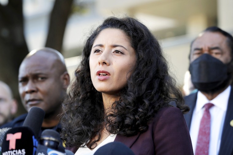 FILE - Harris County Judge Lina Hidalgo, center, flanked by Houston Police Chief Troy Finner, left, and U.S. Rep. Al Green, right, speaks during a news conference, Nov. 6, 2021, in Houston. Hidalgo, a Democrat who has built a rising national profile as the leader of Texas' largest county, announced Monday, Aug. 7, 2023, that she was taking a temporary leave of absence for treatment of clinical depression. (AP Photo/Michael Wyke, File)