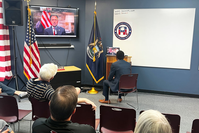 Vivek Ramaswamy appears virtually at a campaign event on Aug. 7, 2023.