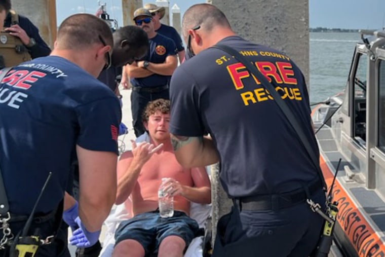 EMS transfer Charles Gregory to a local hospital after Coast Guard crews rescued him off a partially submerged 12-foot jon boat 12 miles offshore St. Augustine, Florida, Aug. 5, 2023. Charles departed the Lighthouse Park Boat Ramp Thursday night and his parents reported he was missing to Coast Guard Sector Jacksonville watchstanders.