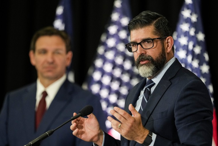 Florida Education Commissioner Manny Diaz Jr. at a press conference alongside Gov. Ron DeSantis in Miami on May 9, 2023.