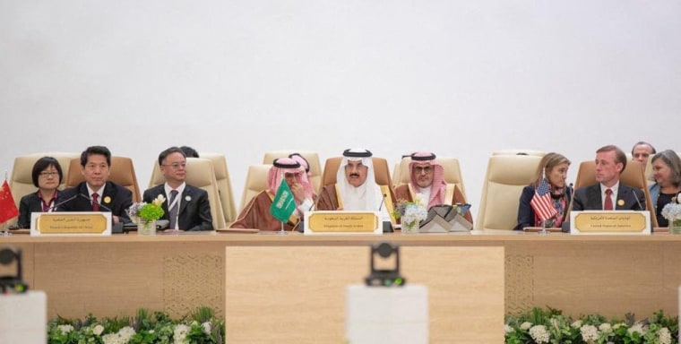 The Chinese, Saudi and U.S. delegations at a National Security advisors' meeting in Jeddah, Saudi Arabia, on Aug. 6, 2023.