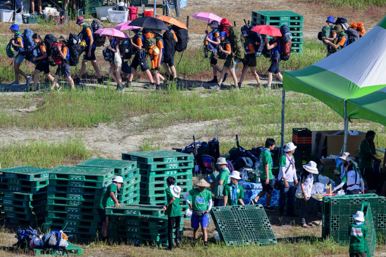 Scouts prepare to leave the World Scout Jamboree in Buan, North Jeolla province on August 8, 2023. 
