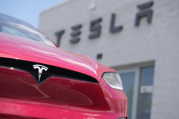 A Model X at a Tesla dealership on June 18, 2023, in Littleton, Colo.  