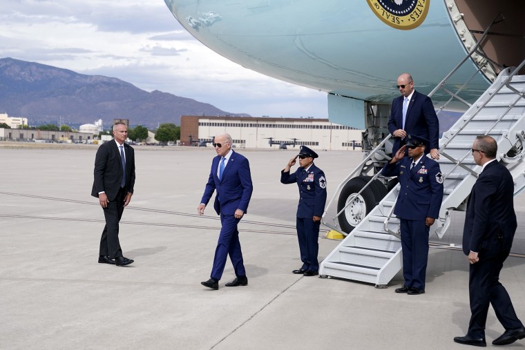 President Joe Biden steps off Air Force One upon arrival at Kirtland Air Force Base, Tuesday, Aug. 8, 2023, in Albuquerque, N.M.