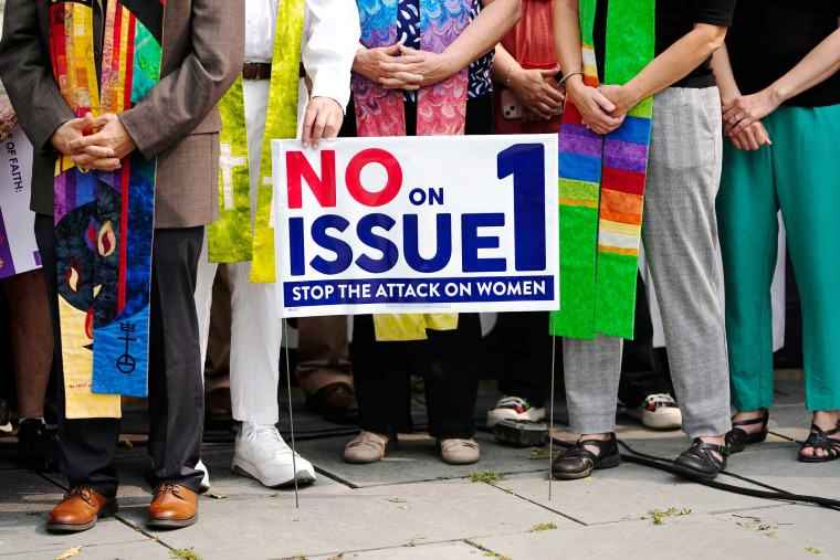 Aug 2, 2023; Columbus, Ohio, USA; Multidenominational faith leaders from the Greater Columbus area gather to speak out against Issue 1 in a “Faith Votes No” rally at Washington Gladden Social Justice Park downtown.