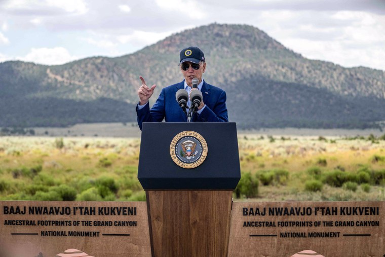 Image: President Joe Biden speaks at Grand Canyon National Park in Arizona on Aug. 8, 2023.