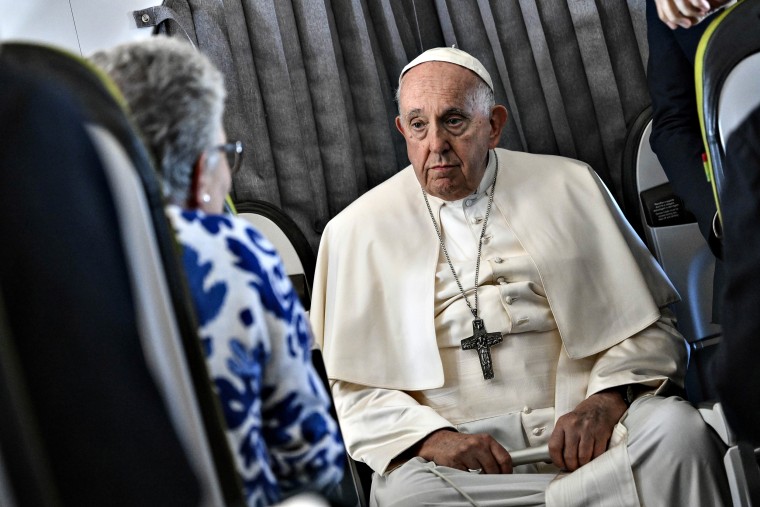 Pope Francis meets with journalists during his return flight to Rome at the conclusion of his 42nd international Apostolic Visit for World Youth Day 2023 on Aug. 6, 2023 on flight from Lisbon.