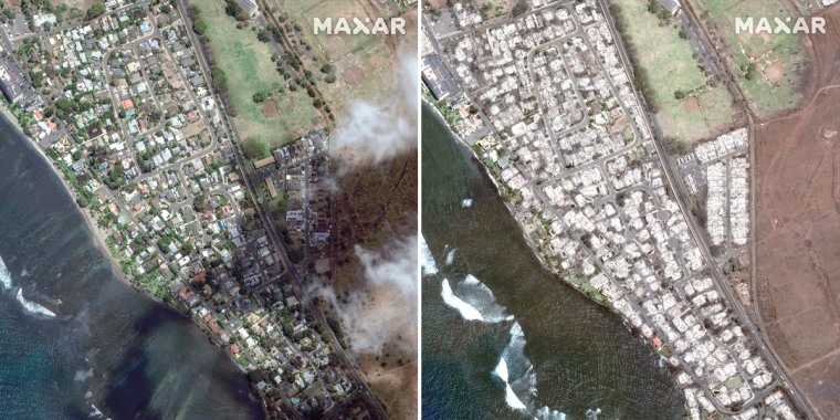 Before and after satellite views of southern Lahaina, Maui, from left, June 25, 2023 to Aug. 9, 2023.