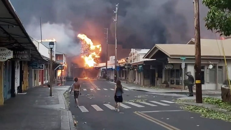 Smoke and flames fill the air from raging wildfires in Lahaina, HI