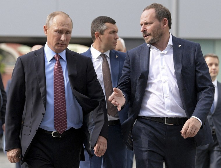 Russian President Vladimir Putin, left, listens to Yandex CEO Arkady Volozh during his visit to Yandex headquarters in Moscow in 2017. 