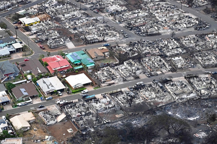 An aerial image taken on August 10, 2023 shows destroyed homes and buildings burned to the ground in Lahaina in the aftermath of wildfires in western Maui, Hawaii. At least 36 people have died after a fast-moving wildfire turned Lahaina to ashes, officials said August 9, 2023 as visitors asked to leave the island of Maui found themselves stranded at the airport. The fires began burning early August 8, scorching thousands of acres and putting homes, businesses and 35,000 lives at risk on Maui, the Hawaii Emergency Management Agency said in a statement.