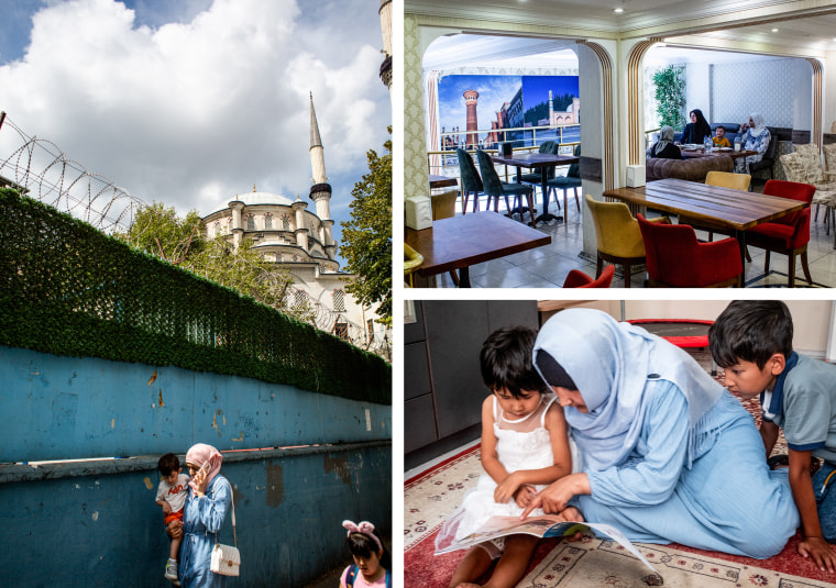 Istanbul's Zeytinburnu neighborhood, left and top, is popular with Uyghur immigrants. Zeynure Obul, bottom, plays with her children at the their home in Istanbul. Obul's husband, Idris Hasan, a Uyghur activist, is imprisoned in Morocco.