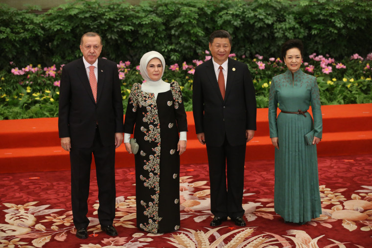 Turkish President Recep Tayyip Erdogan with his wife Emine and Chinese President Xi Jinping at the Belt and Road Forum for International Cooperation in Beijing on May 14, 2017.