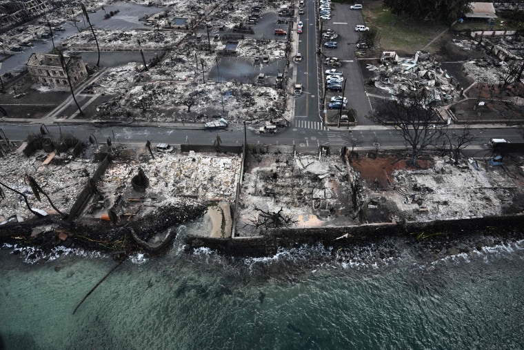 An aerial image shows destroyed homes and buildings burned to the ground in Lahaina, Hawaii