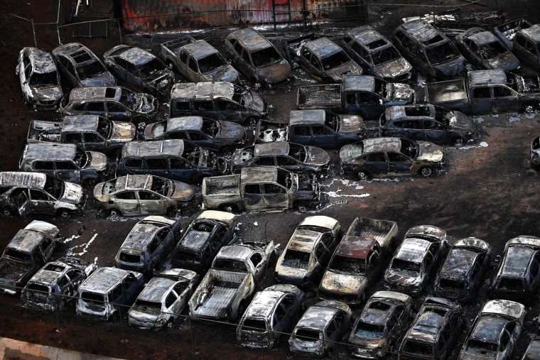 An aerial image shows destroyed homes and buildings burned to the ground in Lahaina, Hawaii