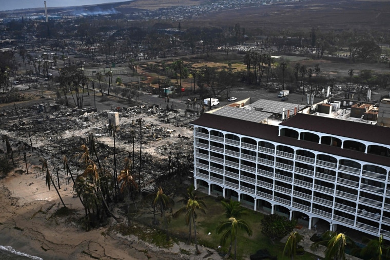 An aerial image shows destroyed homes and buildings burned to the ground in Lahaina, Hawaii