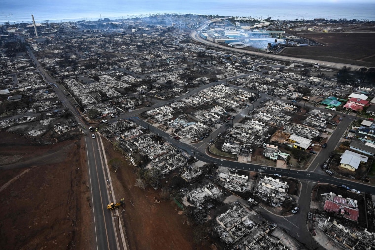 An aerial image shows destroyed homes and buildings burned to the ground in Lahaina, Hawaii